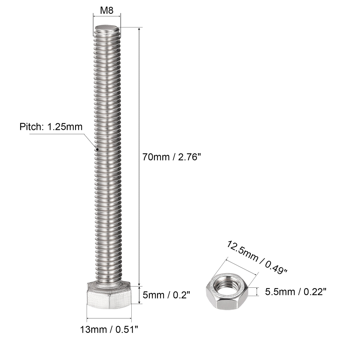 uxcell Uxcell M8 x 70mm Hex Head Screws Bolts, Nuts, Flat & Lock Washers Kits, 304 Stainless Steel Fully Thread Hexagon Bolts 4 Sets