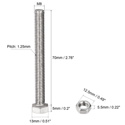 Harfington Uxcell M8 x 70mm Hex Head Screws Bolts, Nuts, Flat & Lock Washers Kits, 304 Stainless Steel Fully Thread Hexagon Bolts 4 Sets