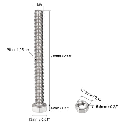 Harfington Uxcell M8 x 75mm Hex Head Screws Bolts, Nuts, Flat & Lock Washers Kits, 304 Stainless Steel Fully Thread Hexagon Bolts 4 Sets