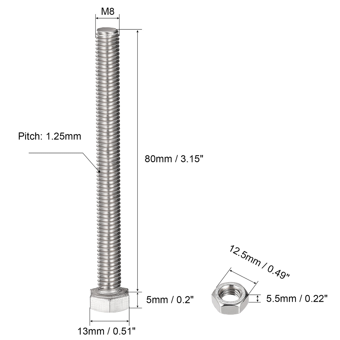 uxcell Uxcell M8 x 80mm Hex Head Screws Bolts, Nuts, Flat & Lock Washers Kits, 304 Stainless Steel Fully Thread Hexagon Bolts 4 Sets