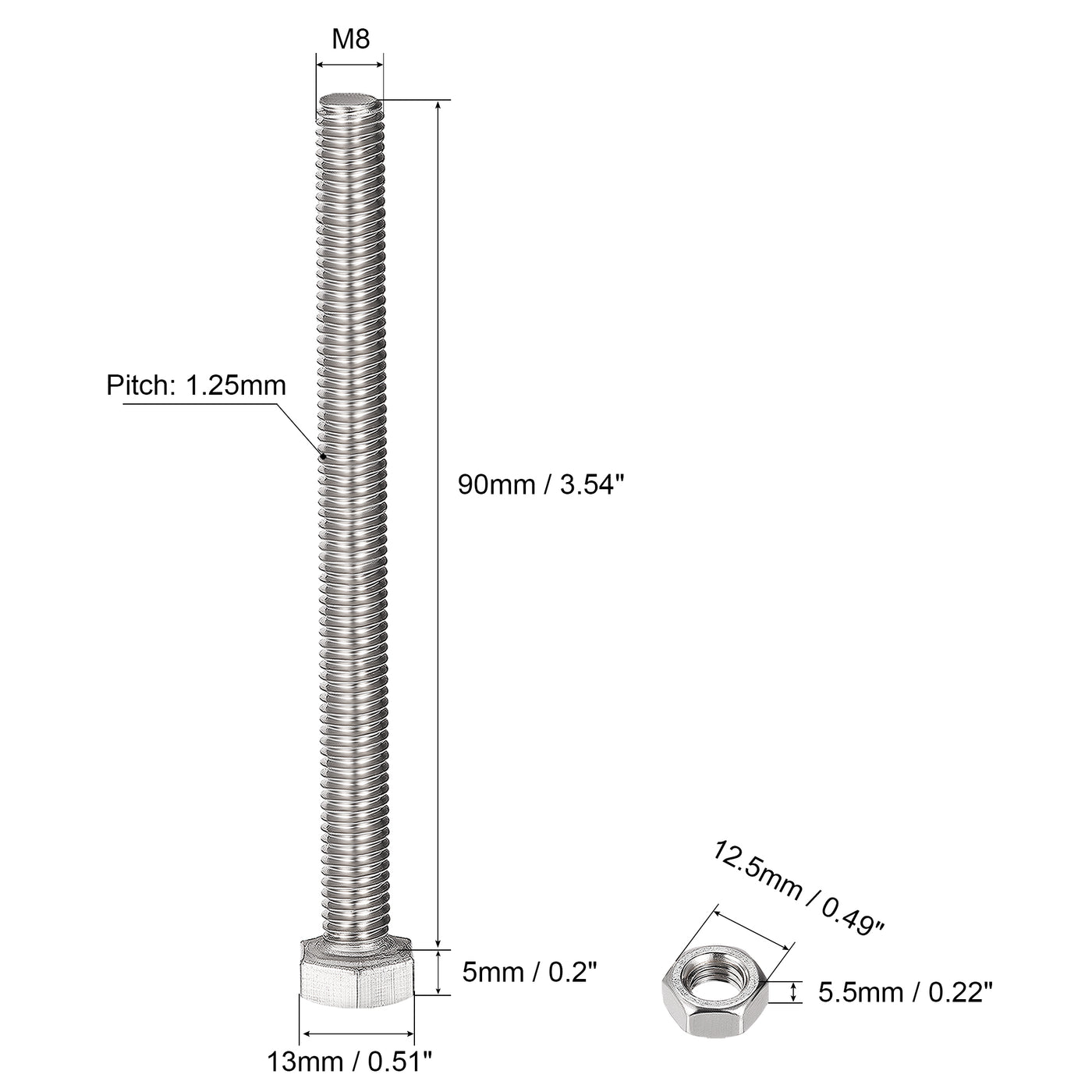 uxcell Uxcell M8 x 90mm Hex Head Screws Bolts, Nuts, Flat & Lock Washers Kits, 304 Stainless Steel Fully Thread Hexagon Bolts 4 Sets