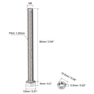 Harfington Uxcell M8 x 90mm Hex Head Screws Bolts, Nuts, Flat & Lock Washers Kits, 304 Stainless Steel Fully Thread Hexagon Bolts 4 Sets