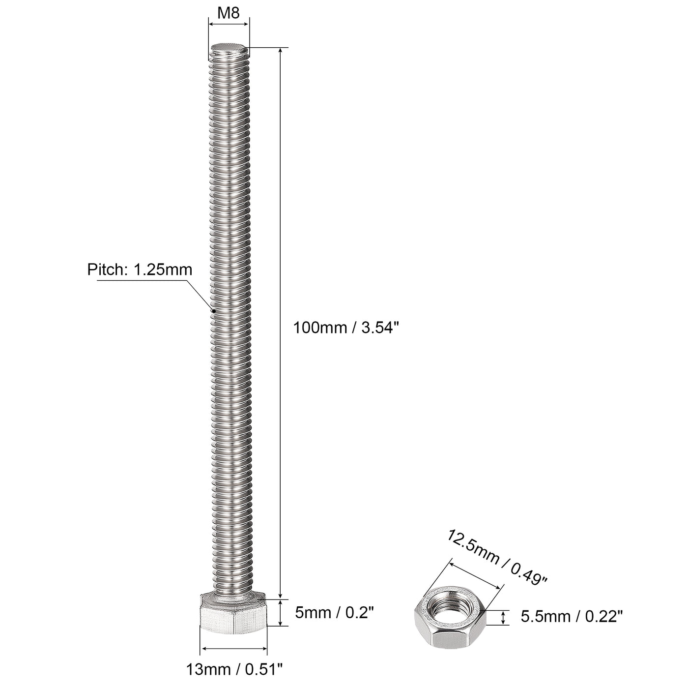 uxcell Uxcell 6 Satz Sechskant Schrauben Bolzen, Muttern, Flach- & Sicherungsscheiben Kit Edelstahl Vollgewinde Sechskantschrauben M8 x 100mm