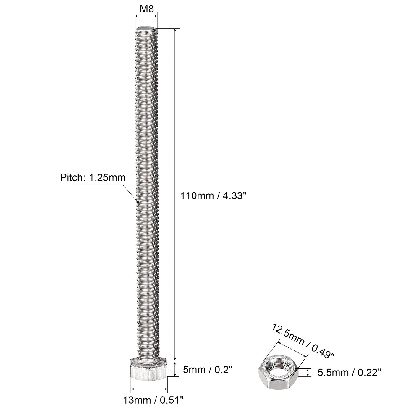 uxcell Uxcell M8 x 110mm Hex Head Screws Bolts, Nuts, Flat & Lock Washers Kits, 304 Stainless Steel Fully Thread Hexagon Bolts 5 Sets