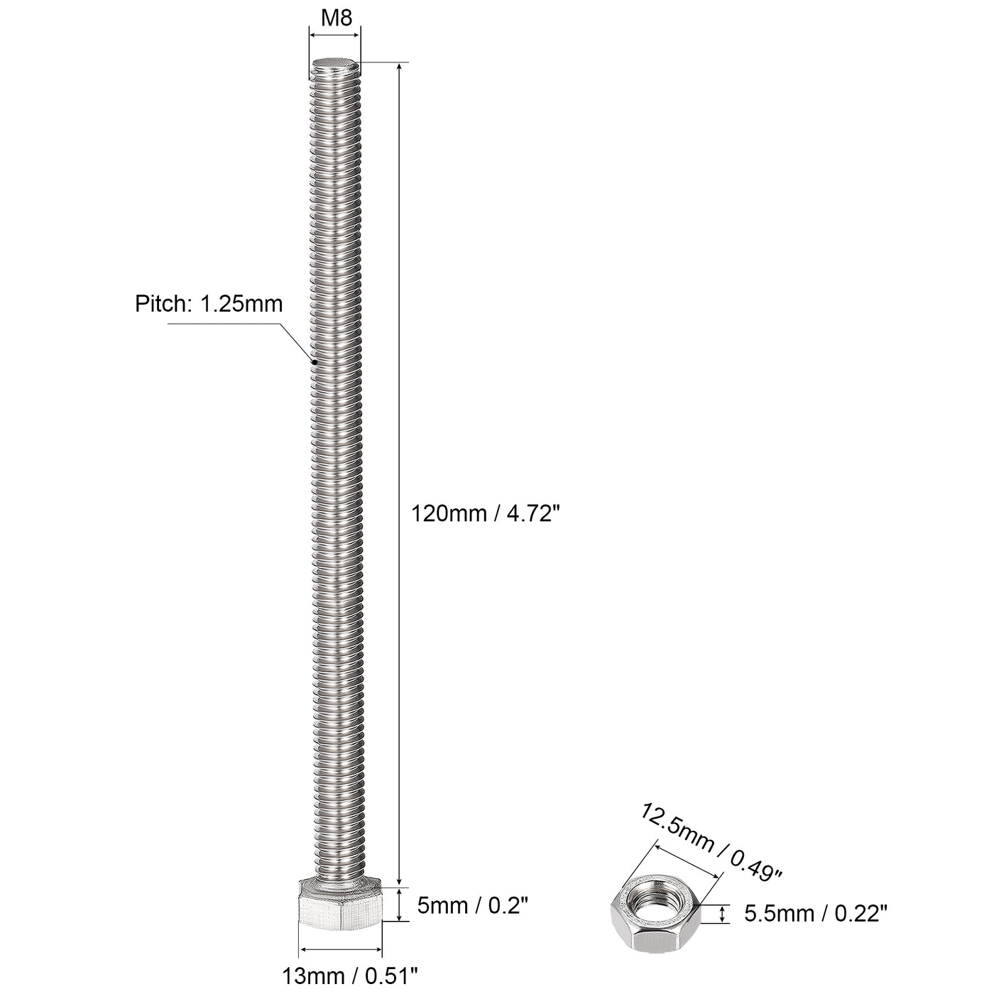 uxcell Uxcell M8 x 120mm Hex Head Screws Bolts, Nuts, Flat & Lock Washers Kits, 304 Stainless Steel Fully Thread Hexagon Bolts 5 Sets