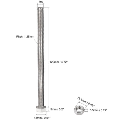 Harfington Uxcell M8 x 120mm Hex Head Screws Bolts, Nuts, Flat & Lock Washers Kits, 304 Stainless Steel Fully Thread Hexagon Bolts 5 Sets