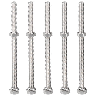 Harfington Uxcell M8 x 130mm Hex Head Screws Bolts, Nuts, Flat & Lock Washers Kits, 304 Stainless Steel Fully Thread Hexagon Bolts 5 Sets