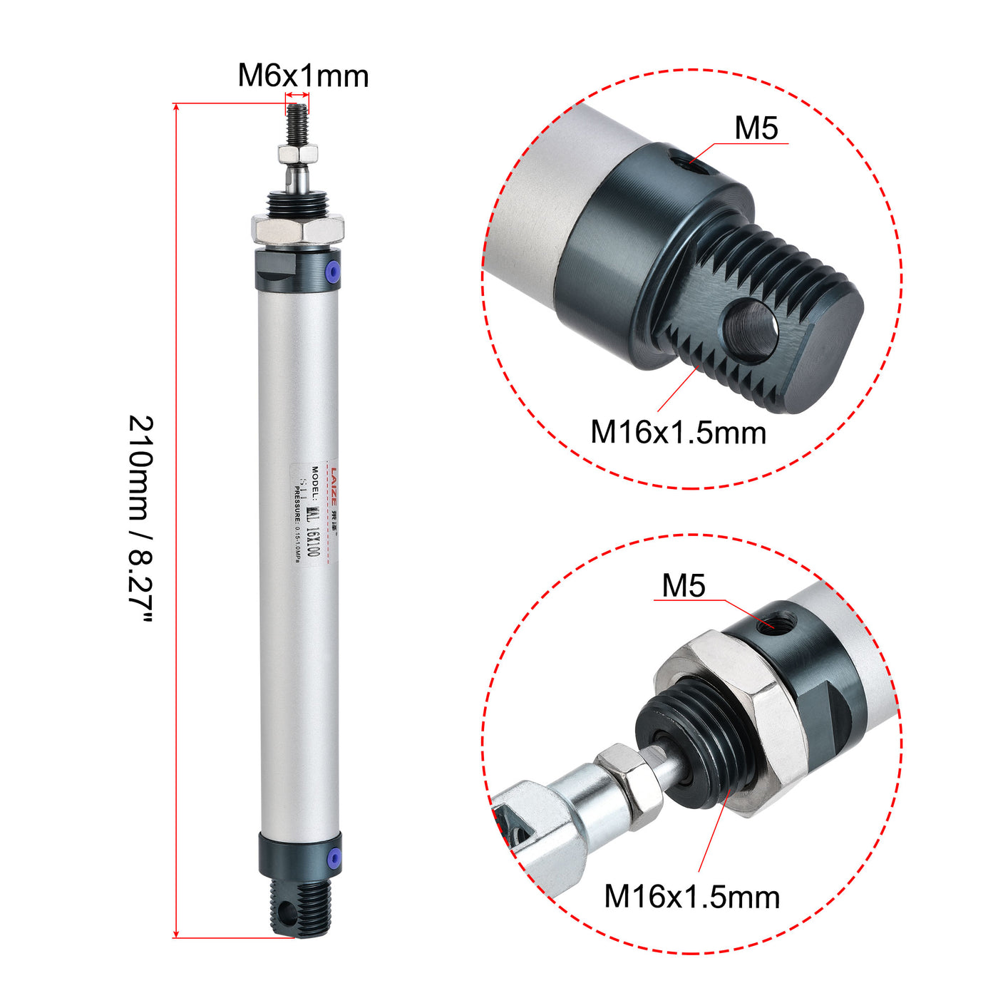 Uxcell Uxcell Pneumatic Air Cylinder 16mm Bore 75mm Stroke with Y Connector and Quick Fittings, MAL 16x75, for Automatic Equipment