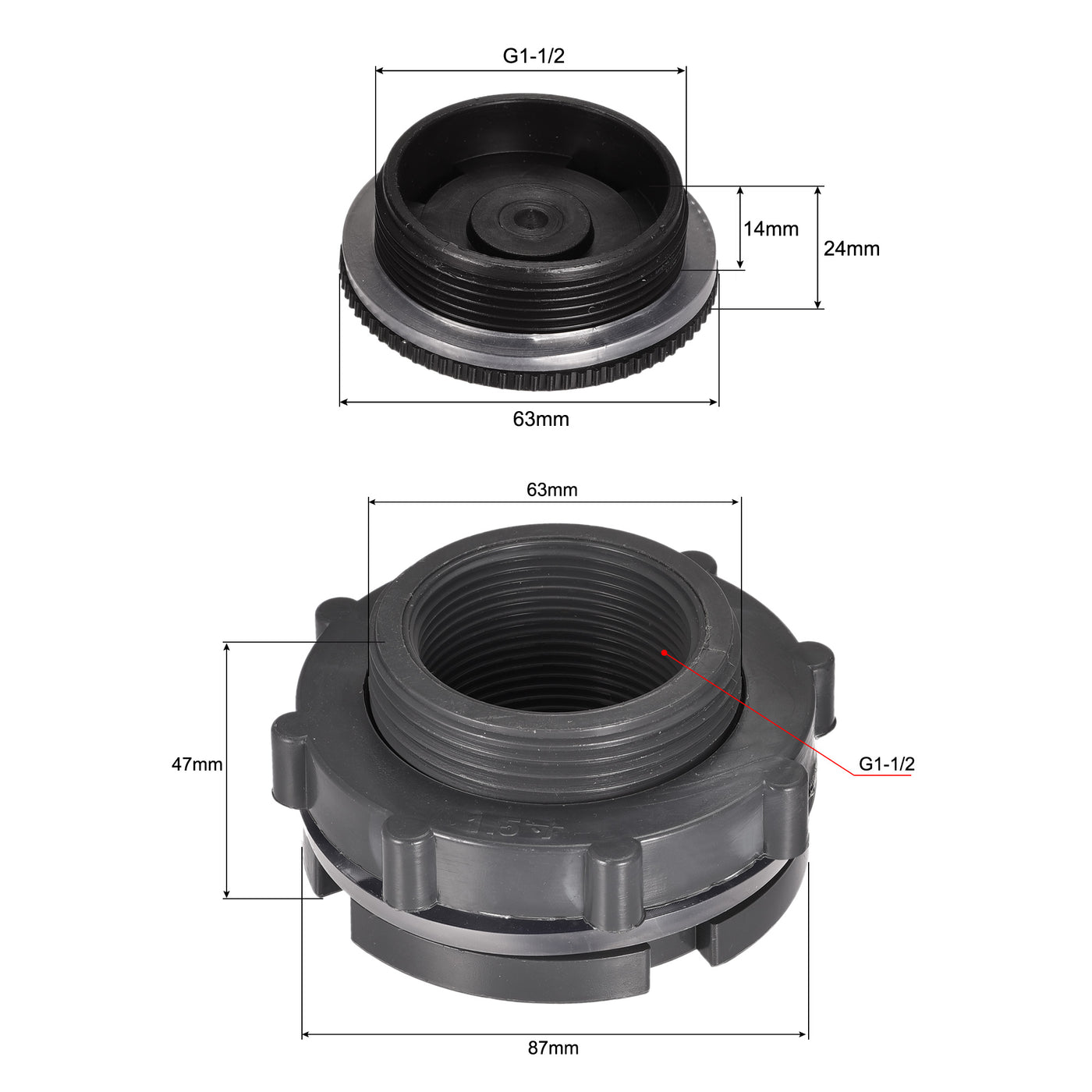 uxcell Uxcell PVC Bulkhead Tank Adapter with Plug Fitting G1-1/2 Thread for Rain Buckets Water Tanks Aquariums Ponds 1 Set