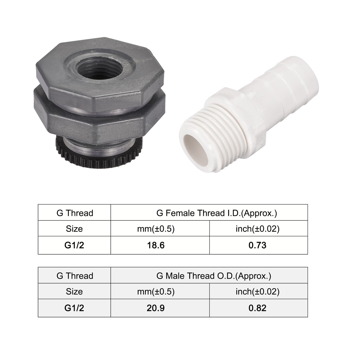 uxcell Uxcell 2 Satz PVC Schott Tank Adapter G1/2 Gewinde mit Stopfen und 16mm OD Stachelrohr Fitting für Regeneimer Wassertanks