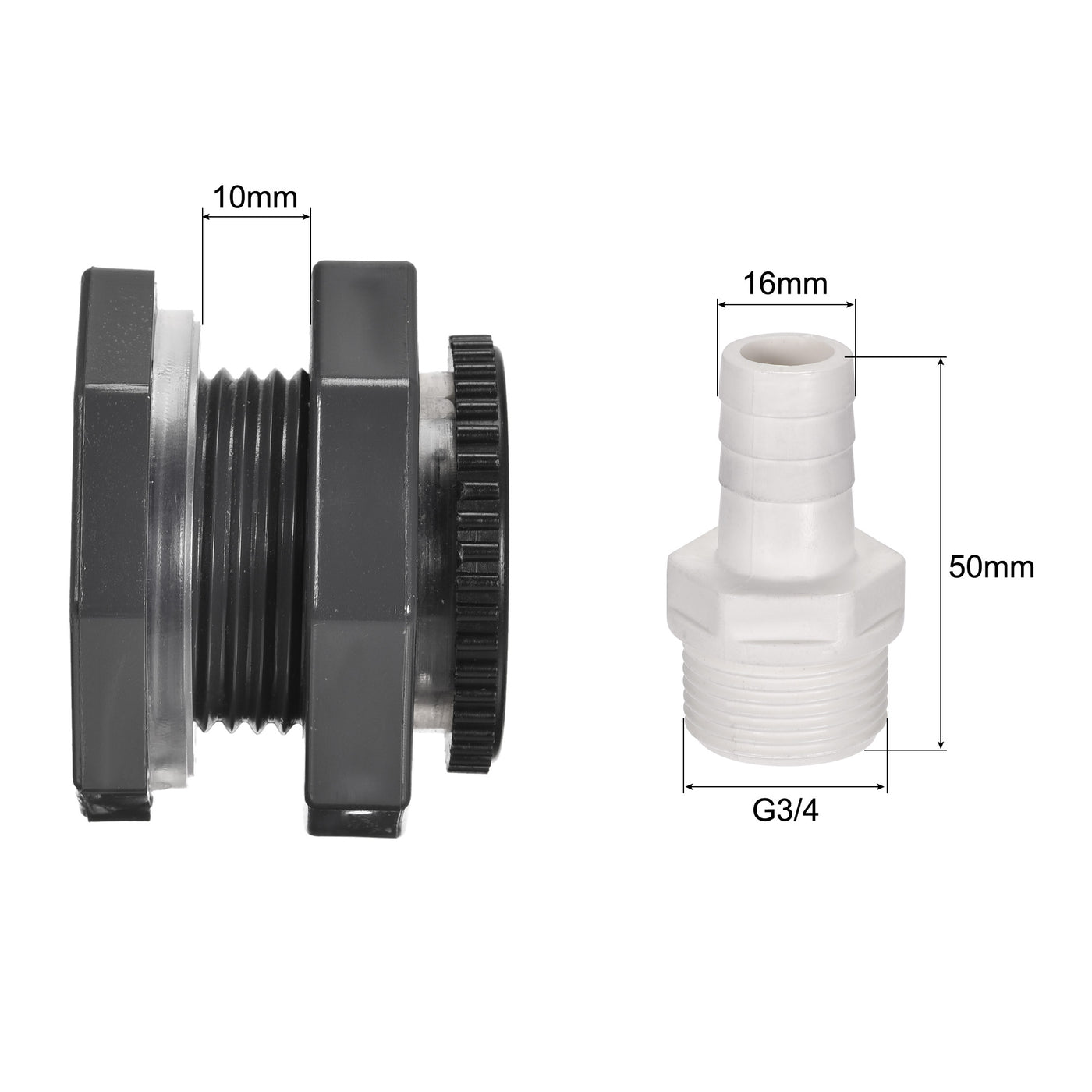 uxcell Uxcell PVC Bulkhead Tank Adapter G3/4 Thread with Plug and 16mm OD Barbed Pipe Fitting for Rain Buckets Water Tanks 2 Set