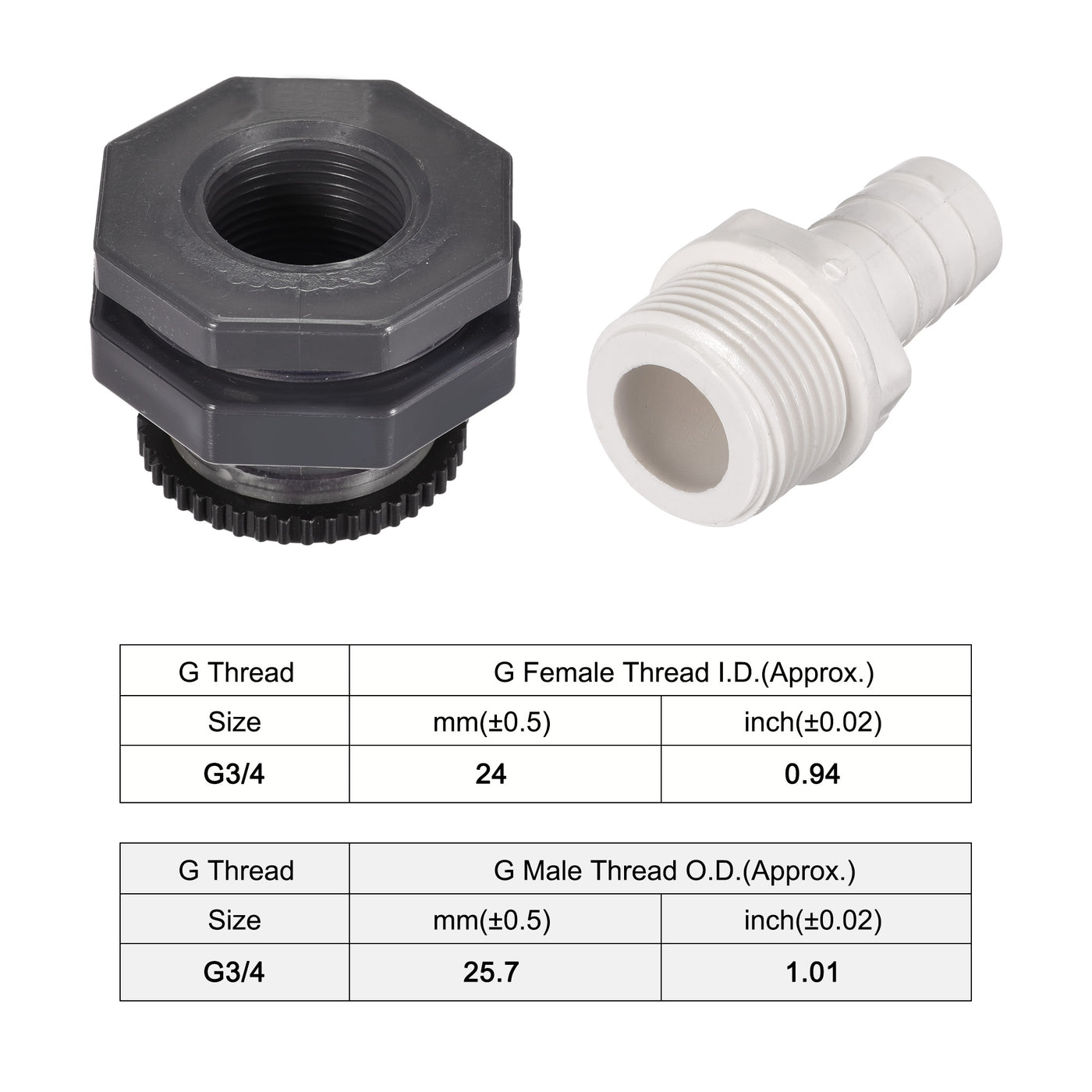 uxcell Uxcell PVC Bulkhead Tank Adapter G3/4 Thread with Plug and 16mm OD Barbed Pipe Fitting for Rain Buckets Water Tanks 2 Set