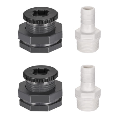 Harfington Uxcell PVC Bulkhead Tank Adapter G3/4 Thread with Plug and 16mm OD Barbed Pipe Fitting for Rain Buckets Water Tanks 2 Set