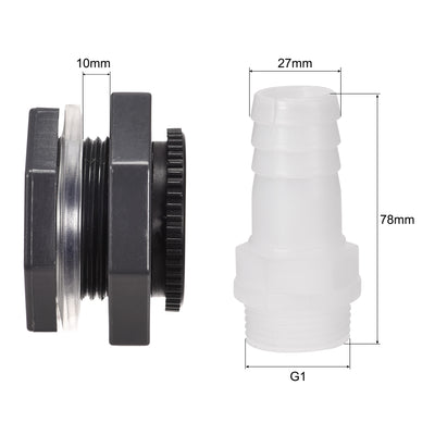 Harfington Uxcell PVC Bulkhead Tank Adapter G1 Thread with Plug and 27mm OD Barbed Pipe Fitting for Rain Buckets Water Tanks 2 Set