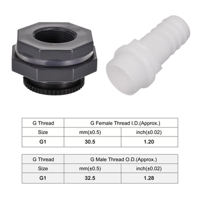 Harfington Uxcell PVC Bulkhead Tank Adapter G1 Thread with Plug and 27mm OD Barbed Pipe Fitting for Rain Buckets Water Tanks 2 Set