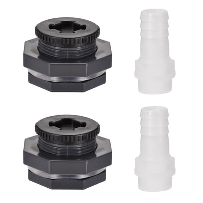 Harfington Uxcell PVC Bulkhead Tank Adapter G1 Thread with Plug and 27mm OD Barbed Pipe Fitting for Rain Buckets Water Tanks 2 Set