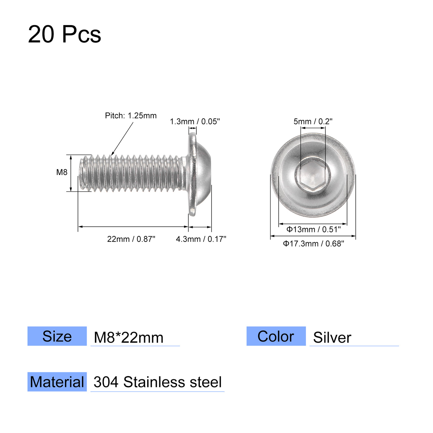 uxcell Uxcell 304 Stainless Steel Flanged Button Head Socket Machine Screw, Hex Socket Drive Screw