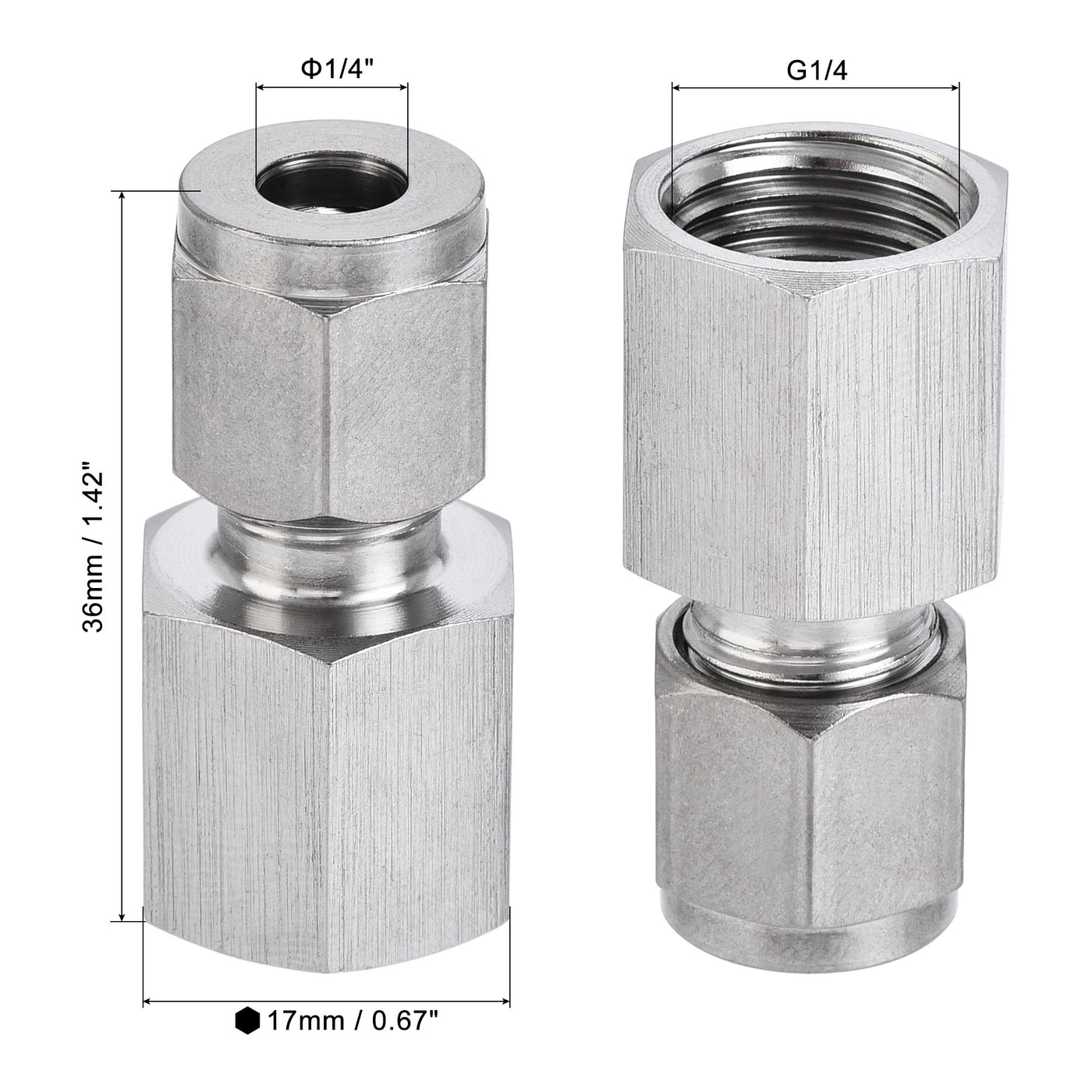 uxcell Uxcell Compression Tube Fitting G1/4 Female Thread x 1/4" Tube OD Straight Coupling Adapter 304 Stainless Steel 2Pcs