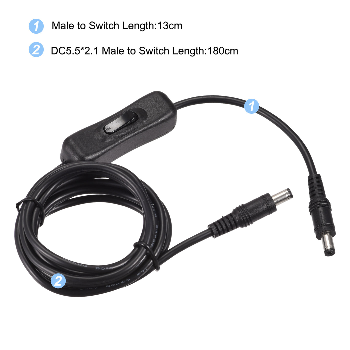 Harfington DC Cable with ON/OFF Switch, 5.5mm x 2.1mm DC Male to Male Extension Cord 2M Black, for LED Desk Lamp LED Strip