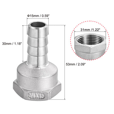 Harfington 304 Stainless Steel Barb Hose Fitting 15mm Barb x G3/4 Female with Hose Clamp