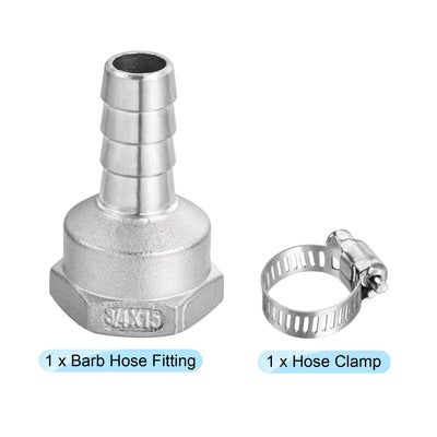 Harfington 304 Stainless Steel Barb Hose Fitting 15mm Barb x G3/4 Female with Hose Clamp