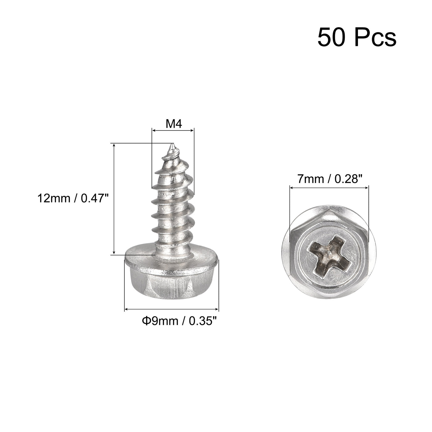 uxcell Uxcell Phillips Hex Washer Self Tapping Screws, M4 x 12mm 304 Stainless Steel Hex Flange Sheet Metal Screw 50pcs