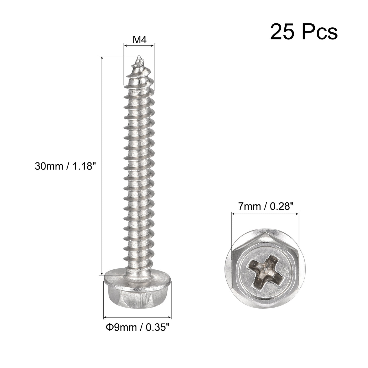 uxcell Uxcell Phillips Hex Washer Self Tapping Screws, M4 x 30mm 304 Stainless Steel Hex Flange Sheet Metal Screw 25pcs