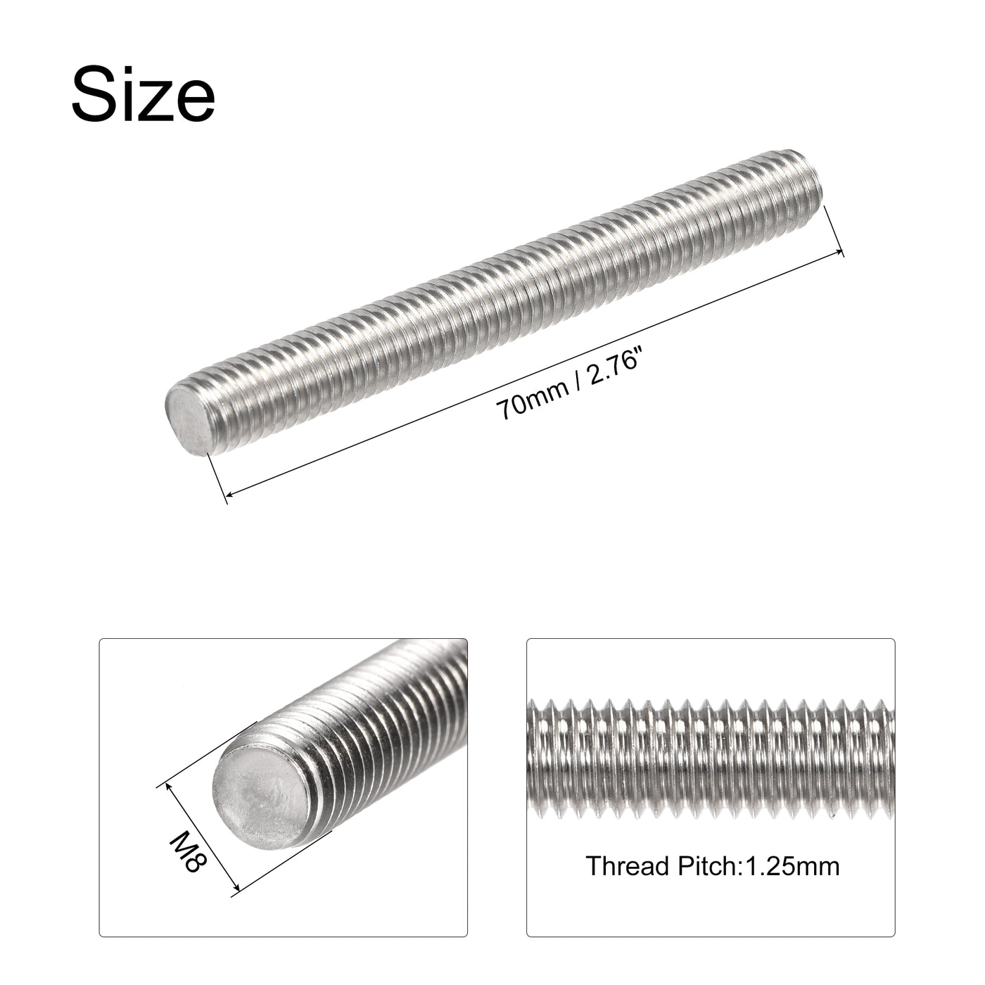 uxcell Uxcell 5 Stück M8 x 70mm Vollgewindestange aus Edelstahl 304 Rechtsgewinde