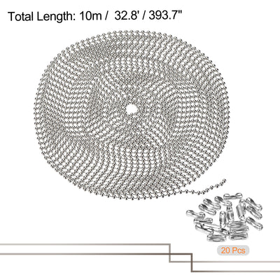 Harfington Pull Chain Extension, 32.8ft Long 0.1 Inch Diameter Beaded Link with Connectors for Chandelier Light Craft Making, 304 Stainless Steel, 1 Set