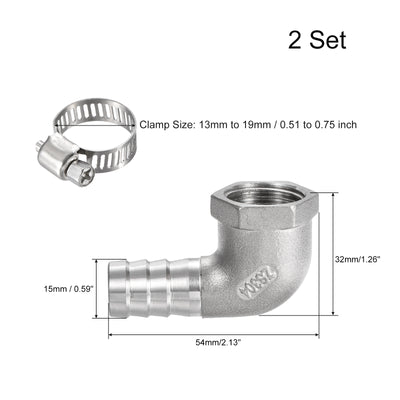 Harfington 304 Stainless Steel Hose Barb Fitting Elbow 15mm x 1/2NPT Female Thread Right Angle Pipe Connector with Hose Clamp 2 Set