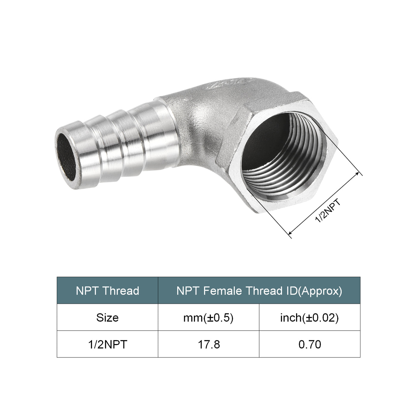 Harfington 304 Stainless Steel Hose Barb Fitting Elbow 15mm x 1/2NPT Female Thread Right Angle Pipe Connector with Hose Clamp 2 Set