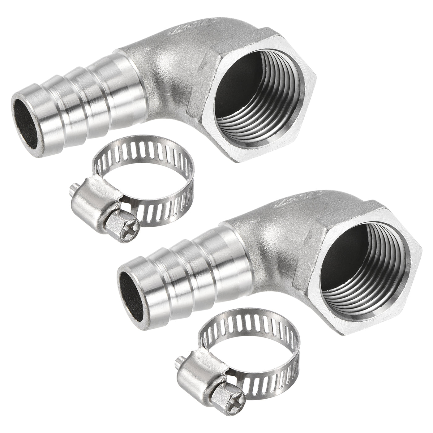 Harfington 304 Stainless Steel Hose Barb Fitting Elbow 15mm x 1/2NPT Female Thread Right Angle Pipe Connector with Hose Clamp 2 Set