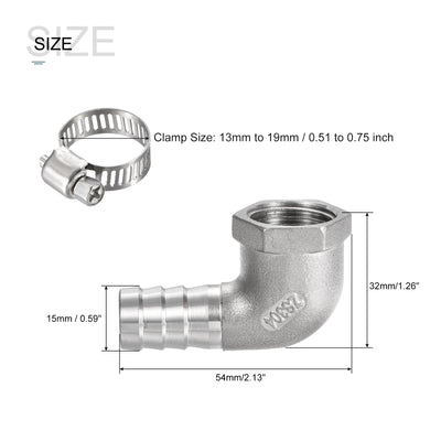 Harfington 304 Stainless Steel Hose Barb Fitting Elbow 15mm x 1/2NPT Female Thread Right Angle Pipe Connector with Hose Clamp 1 Set