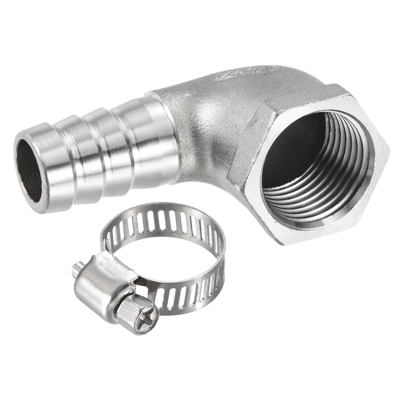 Harfington 304 Stainless Steel Hose Barb Fitting Elbow 15mm x 1/2NPT Female Thread Right Angle Pipe Connector with Hose Clamp 1 Set