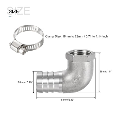 Harfington 304 Stainless Steel Hose Barb Fitting Elbow 20mm x 1/2NPT Female Thread Right Angle Pipe Connector with Hose Clamp 1 Set