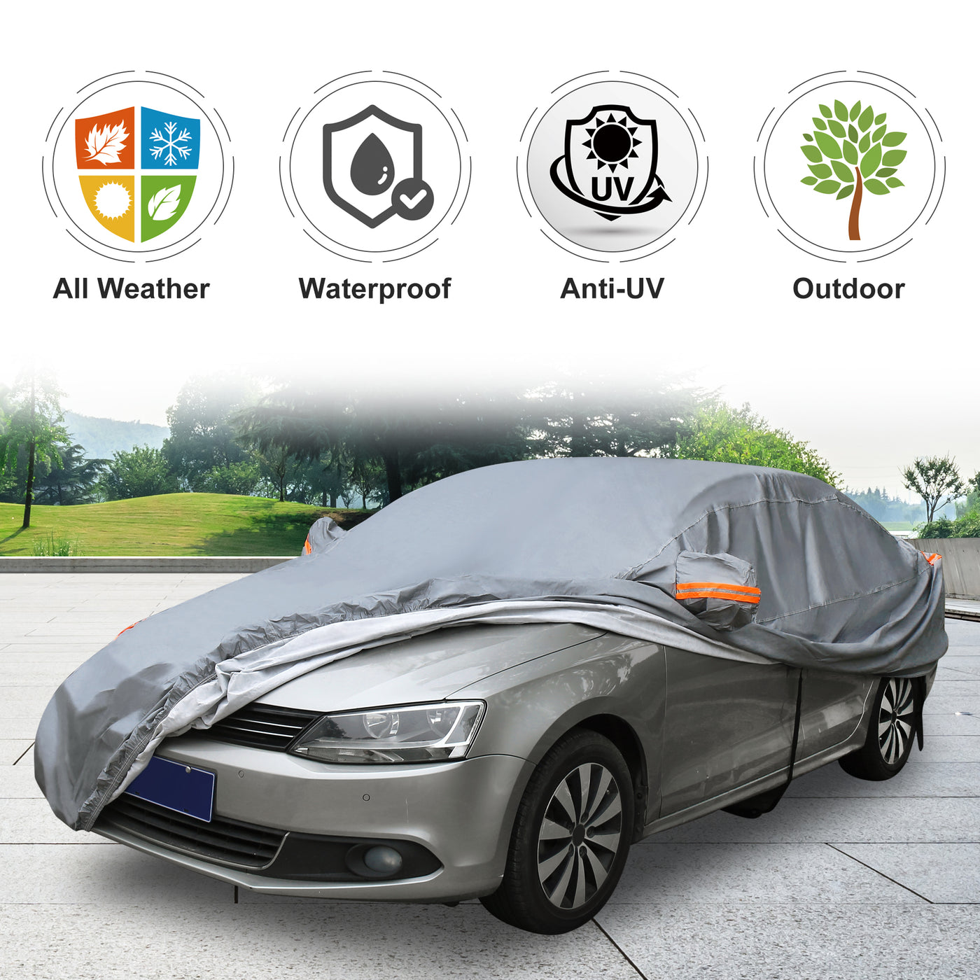 X AUTOHAUX Full Car Cover Soft Lining Universal Fit Sedan Outdoor All Weather Sun Protection Waterproof Dustproof Snowproof Windproof Scratch Resistant w/ Storage Bag PEVA