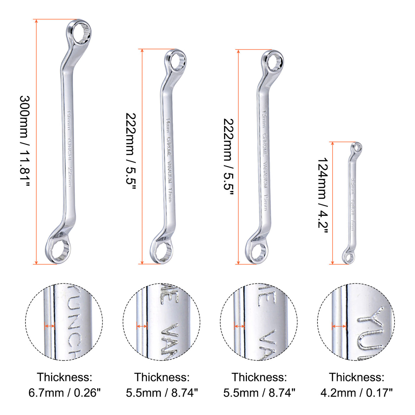 uxcell Uxcell 45-Degree Offset Box End Wrench Set, 5.5-22mm CR-V with Rolling Pouch, 4-Piece