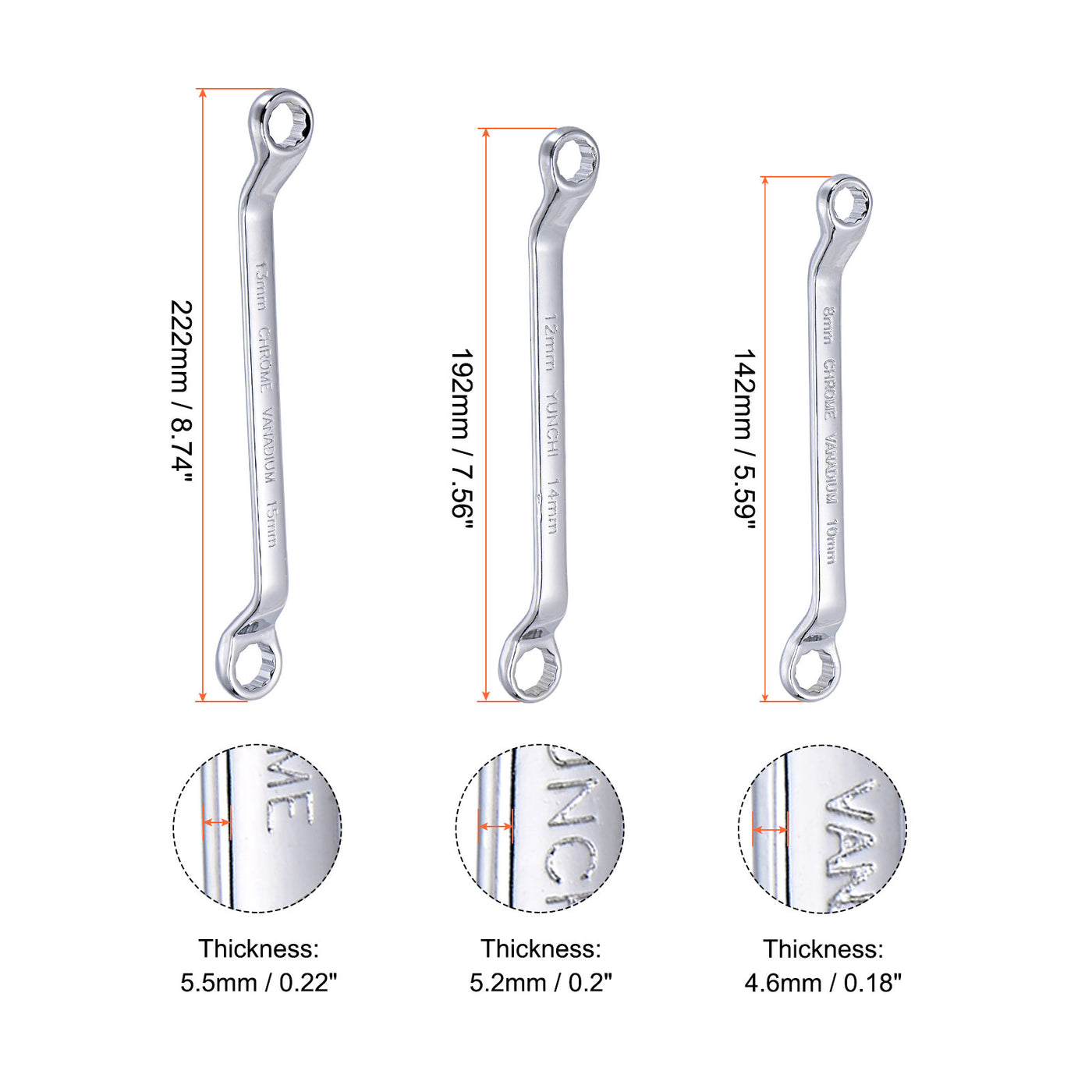 uxcell Uxcell 6Stk 45° Gekröpft Ringschlüssel Set 8-22mm Metrisch CR-V Stahl mit Rolltasche