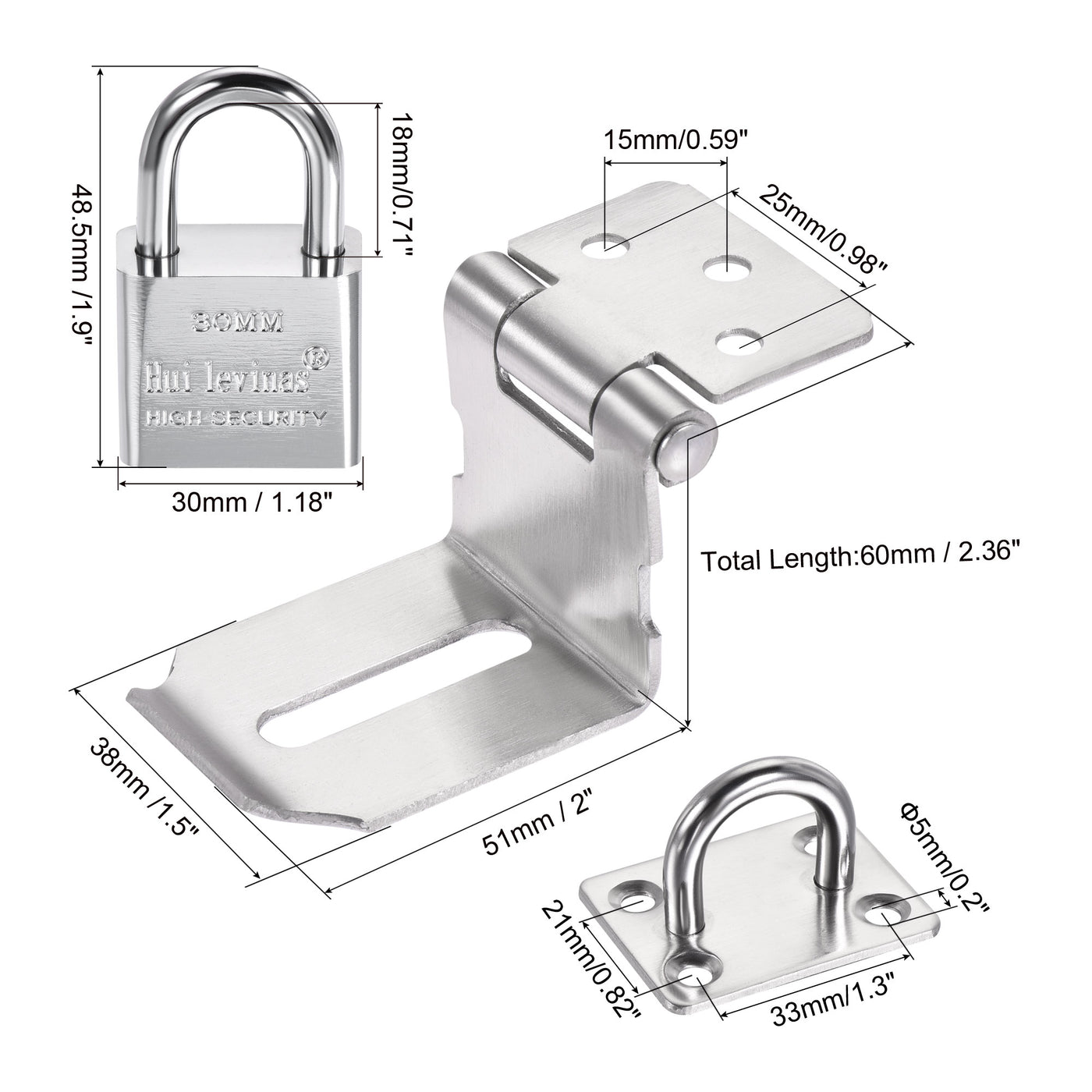 Harfington 3 Inch Stainless Steel 90 Degree Door Hasp Lock Keyed Different Clasp with Padlock and Screws for Cabinet Closet Gate, Silver