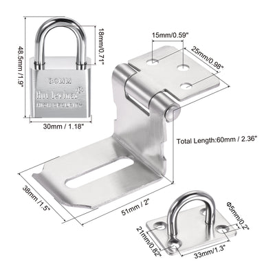 Harfington 3 Inch Stainless Steel 90 Degree Door Hasp Lock Keyed Different Clasp with Padlock and Screws for Cabinet Closet Gate, Silver