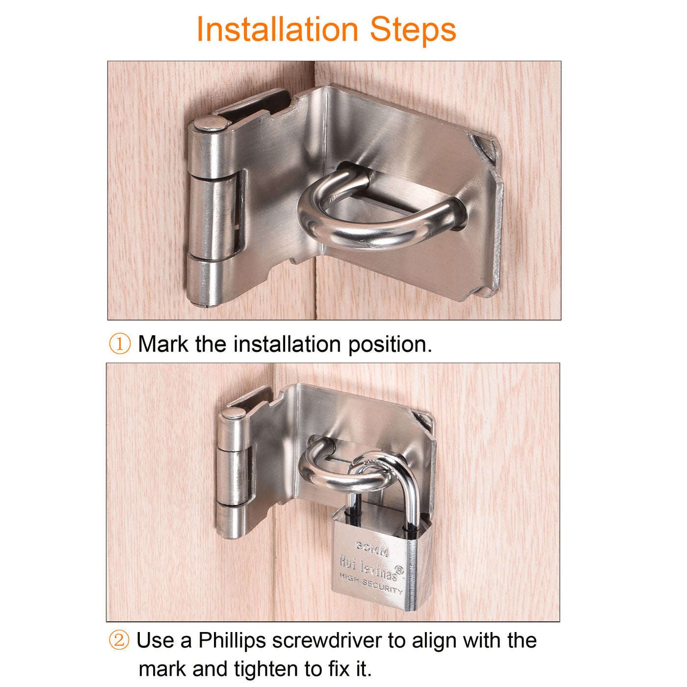 Harfington 3 Inch Stainless Steel 90 Degree Door Hasp Lock Keyed Different Clasp with Padlock and Screws for Cabinet Closet Gate, Silver