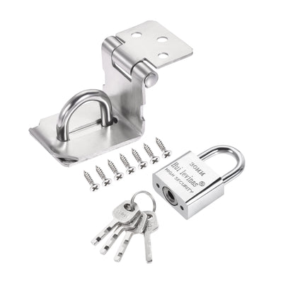 Harfington 3 Inch Stainless Steel 90 Degree Door Hasp Lock Keyed Different Clasp with Padlock and Screws for Cabinet Closet Gate, Silver