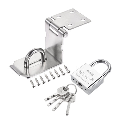 Harfington 4" Keyed Different Door Latch Hasp Lock 90 Degree with Padlock Screws, Silver