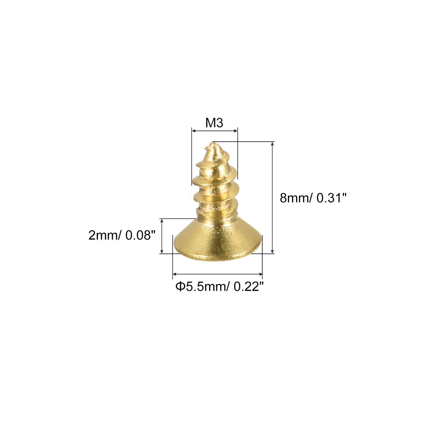 uxcell Uxcell Brass Wood Screws, M3x8mm Phillips Flat Head Self Tapping Connector for Door, Cabinet, Wooden Furniture 50Pcs