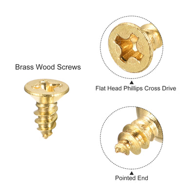 Harfington Uxcell Brass Wood Screws, M3x8mm Phillips Flat Head Self Tapping Connector for Door, Cabinet, Wooden Furniture 50Pcs