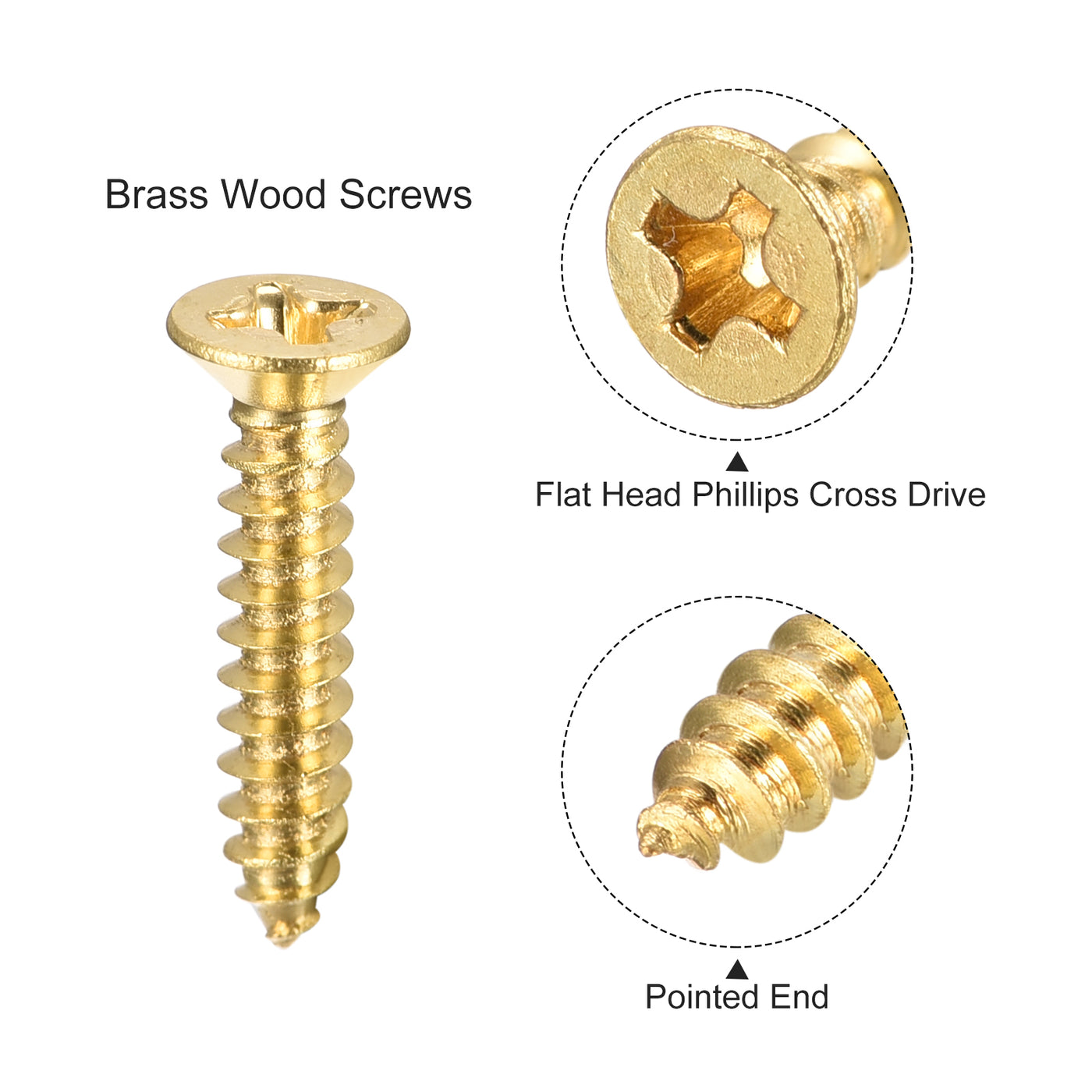 uxcell Uxcell Brass Wood Screws, M3x16mm Phillips Flat Head Self Tapping Connector for Door, Cabinet, Wooden Furniture 30Pcs