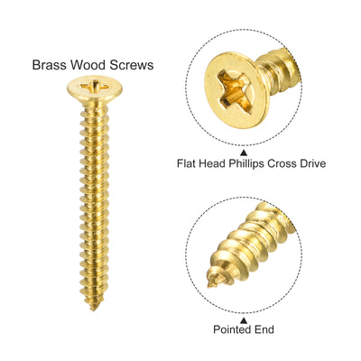 Harfington Uxcell Brass Wood Screws, M4x35mm Phillips Flat Head Self Tapping Connector for Door, Cabinet, Wooden Furniture 15Pcs