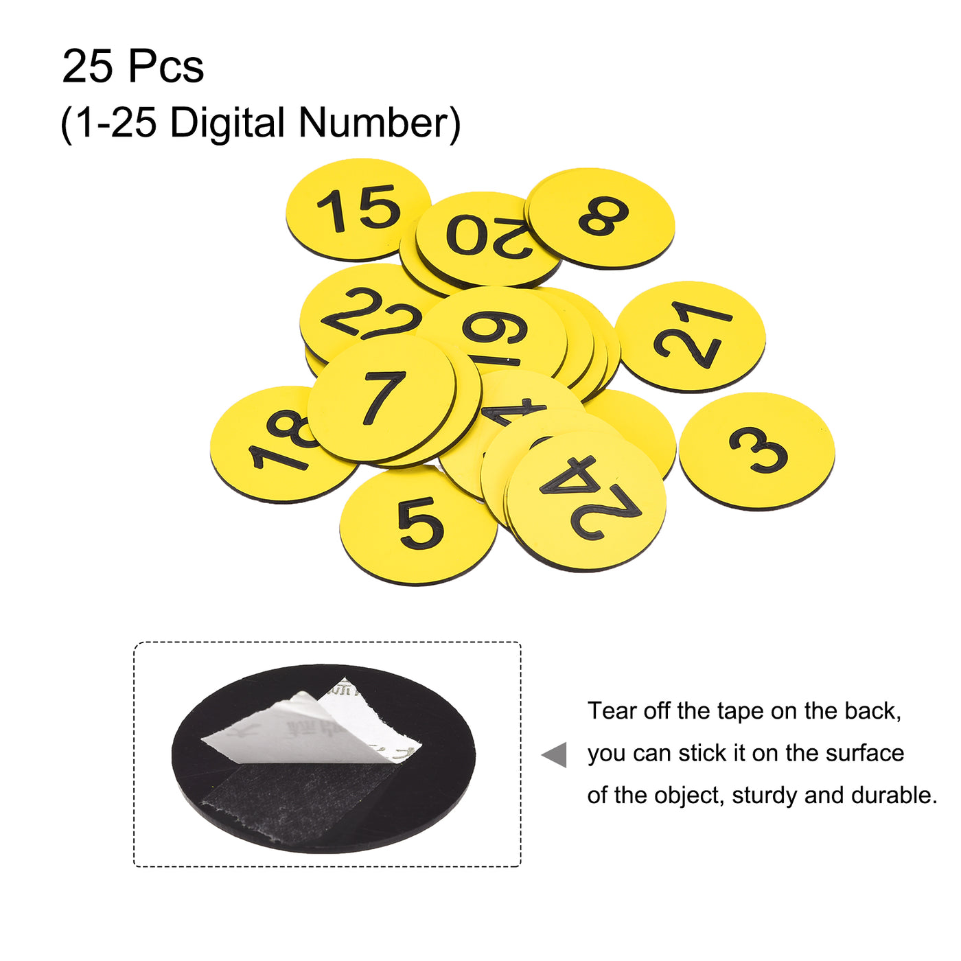 Harfington Plastic Number Tag, 1-25 Digital Tags Sign Tag Acrylic Engraved Yellow with Self-Adhesive, Pack of 25