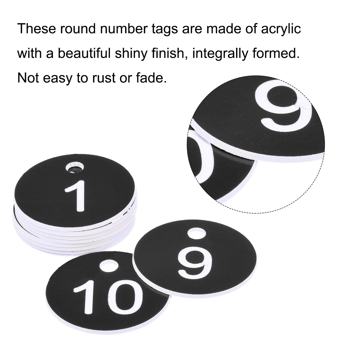 Harfington Round 1-10 Number Tag Key Tag Acrylic Engraved Black, Pack of 10