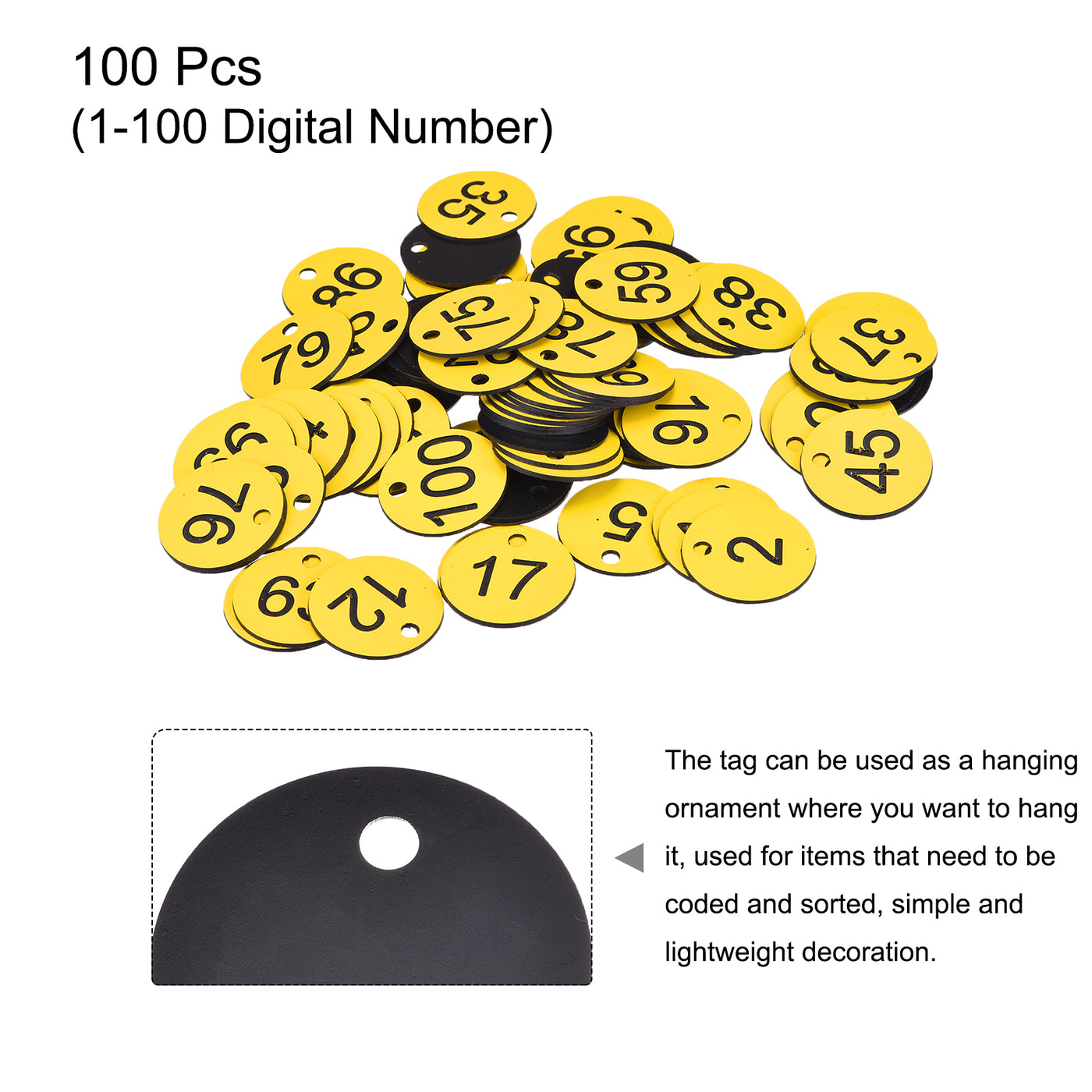 Harfington Round 1-100 Number Tag Key Tag Acrylic Engraved Yellow ID Tag for Decoration, Pack of 100